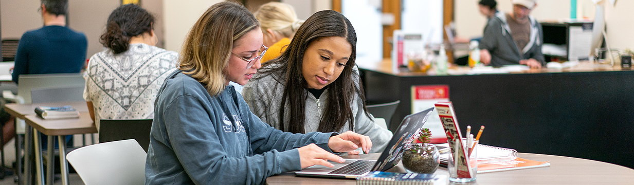 Two students reviewing something on a laptop.